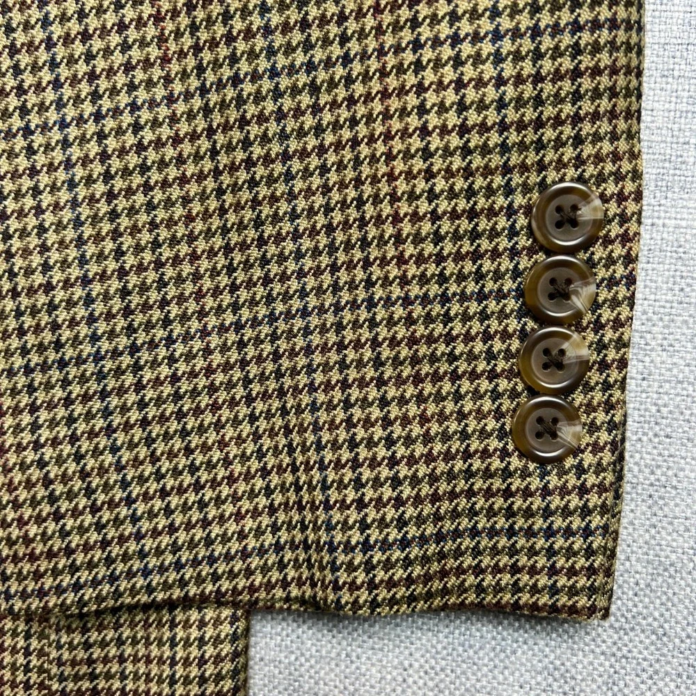 Vintage 90s CHAPS Houndstooth 100% Silk Blazer Sport Coat Men 42R Tan Prep Ivy‎